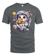 Cute Astronaut Cat T-Shirt Funny Space Pizza Graphic Tee - gray t-shirt on white background