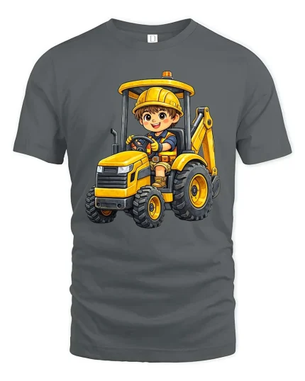 Cute Excavator Kid T-Shirt Construction Vehicle Fun Tee - gray t-shirt on white background
