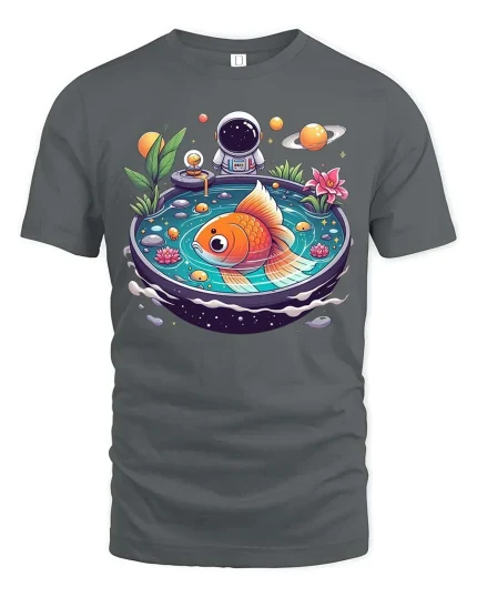 Space Goldfish T-Shirt Cosmic Aquarium Fantasy Art Tee - gray t-shirt on white background