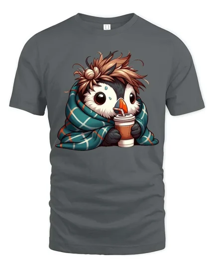 Cute Penguin Coffee T-Shirt Cozy Winter Animal Lover Tee - gray t-shirt on white background