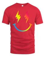 Rainbow Lightning Smile T-Shirt Colorful Happy Graphic Tee - red t-shirt on white background