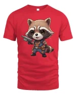 Cute Raccoon Warrior T-Shirt Funny Animal Hero Graphic Tee - red t-shirt on white background