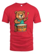Cute Bear Drummer T-Shirt Funny Animal Music Lover Tee - red t-shirt on white background