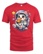 Cute Astronaut Cat T-Shirt Funny Space Pizza Graphic Tee - red t-shirt on white background