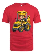 Cute Excavator Kid T-Shirt Construction Vehicle Fun Tee - red t-shirt on white background