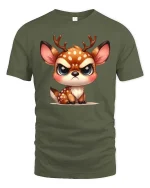 Cute Angry Deer T-Shirt Funny Kawaii Animal Graphic Tee - military green t-shirt on white background