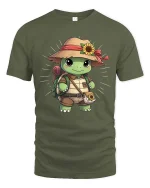 Cute Turtle Explorer T-Shirt Adventure Hiking Animal Tee - military green t-shirt on white background