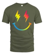 Rainbow Lightning Smile T-Shirt Colorful Happy Graphic Tee - military green t-shirt on white background