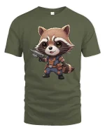Cute Raccoon Warrior T-Shirt Funny Animal Hero Graphic Tee - military green t-shirt on white background
