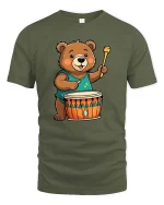 Cute Bear Drummer T-Shirt Funny Animal Music Lover Tee - military green t-shirt on white background
