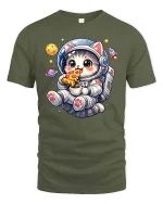 Cute Astronaut Cat T-Shirt Funny Space Pizza Graphic Tee - military green t-shirt on white background
