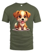 Cute Puppy Dog T-Shirt Adorable Cartoon Pet Lover Tee - military green t-shirt on white background