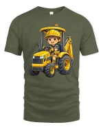 Cute Excavator Kid T-Shirt Construction Vehicle Fun Tee - military green t-shirt on white background