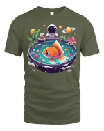 Space Goldfish T-Shirt Cosmic Aquarium Fantasy Art Tee - military green t-shirt on white background
