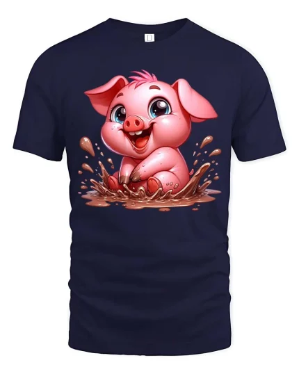 Cute Mud Pig T-Shirt Funny Kawaii Animal Farm Graphic Tee - navy t-shirt on white background