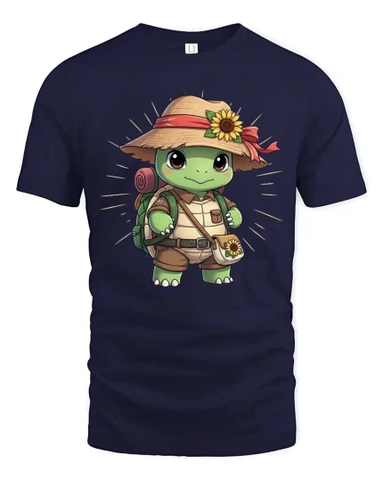 Cute Turtle Explorer T-Shirt Adventure Hiking Animal Tee - navy t-shirt on white background
