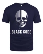 Black Code Skull T-Shirt Dark Aesthetic Graphic Tee - navy t-shirt on white background