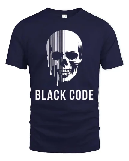 Black Code Skull T-Shirt Dark Aesthetic Graphic Tee - navy t-shirt on white background
