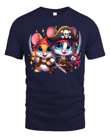 Cute Pirate Mice T-Shirt Funny Animal Adventure Graphic Tee - navy t-shirt on white background