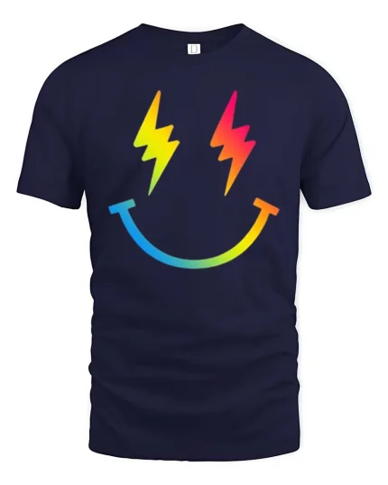 Rainbow Lightning Smile T-Shirt Colorful Happy Graphic Tee - navy t-shirt on white background