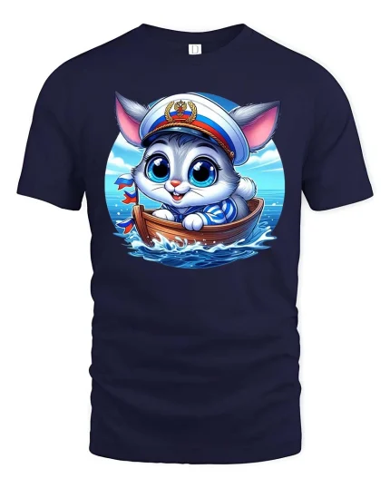 Cute Sailor Cat T-Shirt Funny Ocean Animal Graphic Tee - navy t-shirt on white background