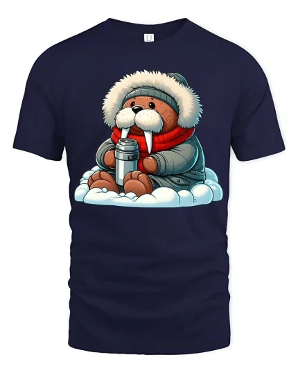 Cute Walrus Winter T-Shirt Funny Arctic Animal Cozy Tee - navy t-shirt on white background