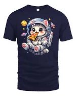 Cute Astronaut Cat T-Shirt Funny Space Pizza Graphic Tee - navy t-shirt on white background