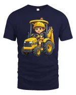 Cute Excavator Kid T-Shirt Construction Vehicle Fun Tee - navy t-shirt on white background