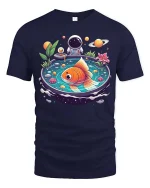 Space Goldfish T-Shirt Cosmic Aquarium Fantasy Art Tee - navy t-shirt on white background