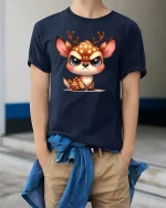 Cute Angry Deer T-Shirt Funny Kawaii Animal Graphic Tee - model wearing navy tee with hands in pockets