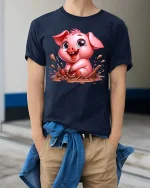 Cute Mud Pig T-Shirt Funny Kawaii Animal Farm Graphic Tee - model wearing navy tee with hands in pockets