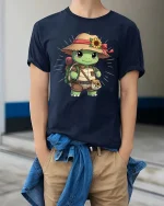 Cute Turtle Explorer T-Shirt Adventure Hiking Animal Tee - model wearing navy tee with hands in pockets