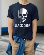 Black Code Skull T-Shirt Dark Aesthetic Graphic Tee - model wearing navy tee with hands in pockets