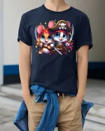 Cute Pirate Mice T-Shirt Funny Animal Adventure Graphic Tee - model wearing navy tee with hands in pockets