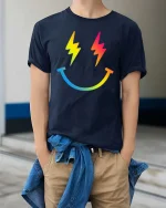 Rainbow Lightning Smile T-Shirt Colorful Happy Graphic Tee - model wearing navy tee with hands in pockets
