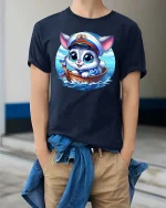 Cute Sailor Cat T-Shirt Funny Ocean Animal Graphic Tee - model wearing navy tee with hands in pockets