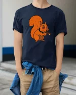 Funny Squirrel T-Shirt Chill Cartoon Animal Graphic Tee - model wearing navy tee with hands in pockets