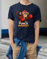 Punch Monkey T-Shirt Funny Boxing Animal Graphic Tee - model wearing navy tee with hands in pockets