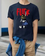 FCK Graffiti Girl T-Shirt Bold Street Art Rebel Tee - model wearing navy tee with hands in pockets