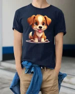 Cute Puppy Dog T-Shirt Adorable Cartoon Pet Lover Tee - model wearing navy tee with hands in pockets
