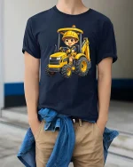 Cute Excavator Kid T-Shirt Construction Vehicle Fun Tee - model wearing navy tee with hands in pockets