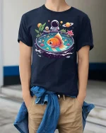 Space Goldfish T-Shirt Cosmic Aquarium Fantasy Art Tee - model wearing navy tee with hands in pockets