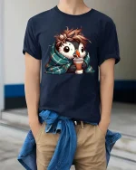 Cute Penguin Coffee T-Shirt Cozy Winter Animal Lover Tee - model wearing navy tee with hands in pockets