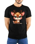 Cute Angry Deer T-Shirt Funny Kawaii Animal Graphic Tee - model wearing black tee with hands behind back