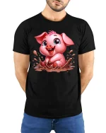 Cute Mud Pig T-Shirt Funny Kawaii Animal Farm Graphic Tee - model wearing black tee with hands behind back