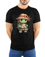 Cute Turtle Explorer T-Shirt Adventure Hiking Animal Tee - model wearing black tee with hands behind back