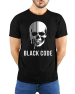 Black Code Skull T-Shirt Dark Aesthetic Graphic Tee - model wearing black tee with hands behind back