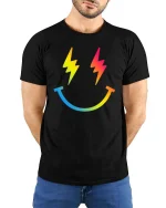 Rainbow Lightning Smile T-Shirt Colorful Happy Graphic Tee - model wearing black tee with hands behind back