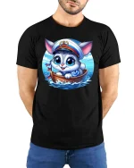 Cute Sailor Cat T-Shirt Funny Ocean Animal Graphic Tee - model wearing black tee with hands behind back