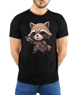 Cute Raccoon Warrior T-Shirt Funny Animal Hero Graphic Tee - model wearing black tee with hands behind back